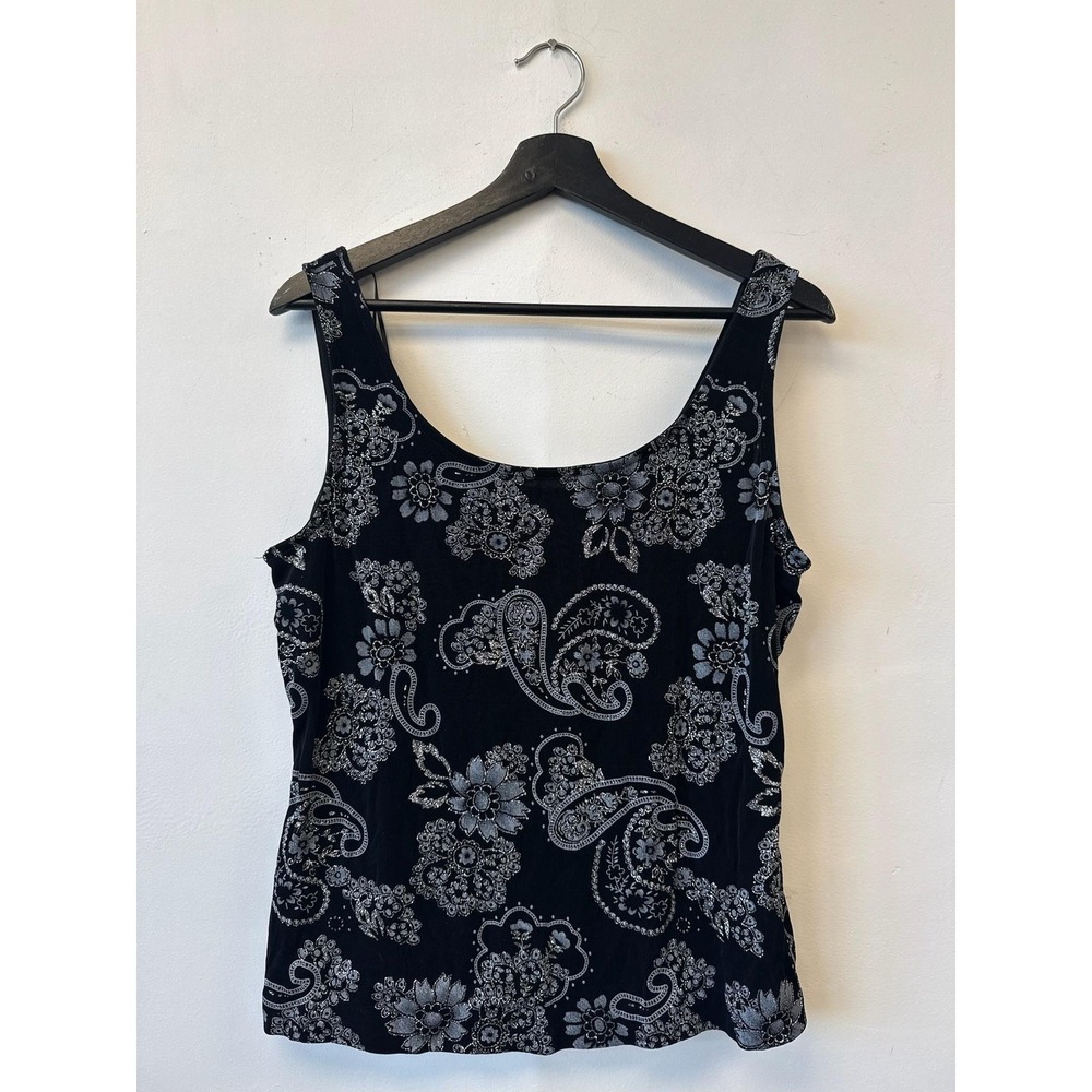 Vintage Alex Evenings Tank Top Womens Medium Black Silver Floral Paisley Glitter